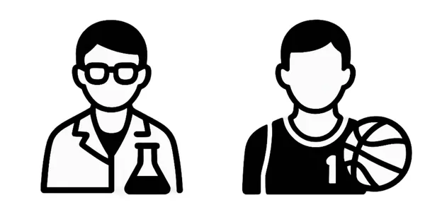 白衣でフラスコを持つ男性、バスケットボールを持つ男性のイラスト